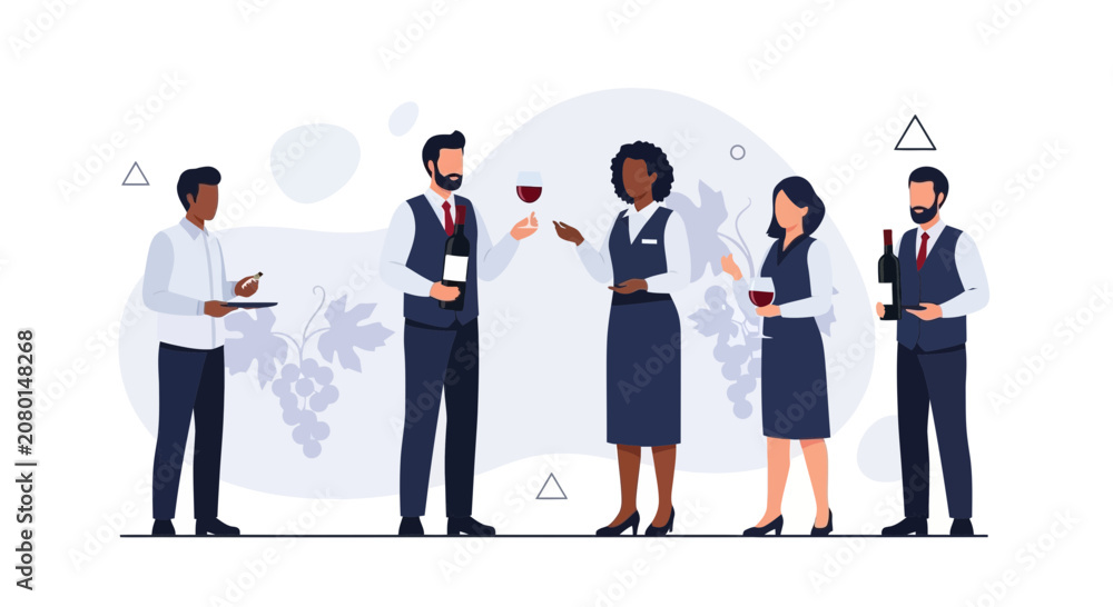 Obraz premium Diverse Group of People Enjoying Wine Tasting Event, Sommelier Service Illustration
