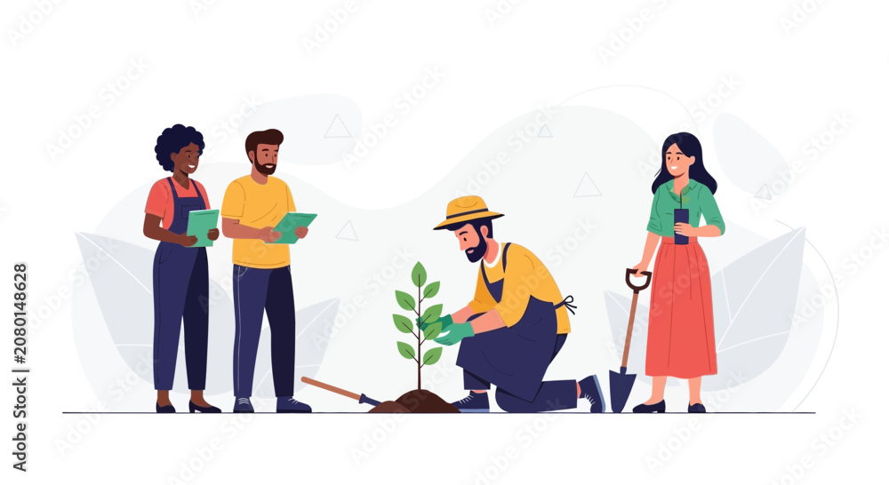 Fototapeta premium Diverse group of people planting a tree together, symbolizing environmentalism, teamwork, and community gardening.