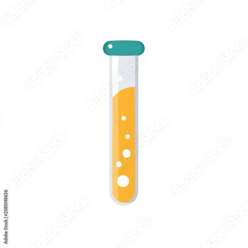 Flat icon of a test tube with orange liquid and bubbles