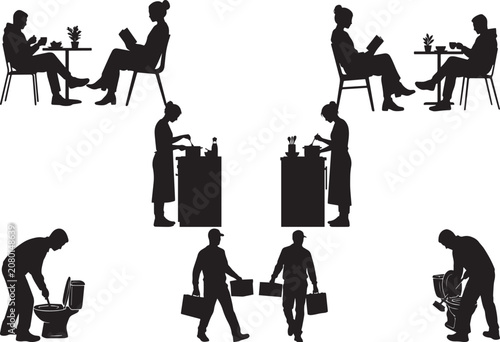 Professional daily activities silhouette collection vector illustration, office work, housekeeping, cleaning, business lifestyle, black isolated design on white background