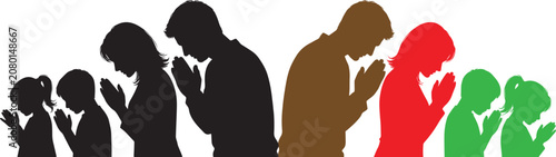 Praying family silhouette collection vector illustration, Christian faith, spiritual devotion, worship, black and colorful isolated design on white background composition