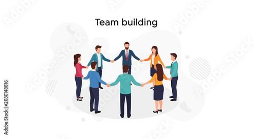 Diverse team holding hands in a circle, symbolizing unity, collaboration, and company success. Flat vector illustration.