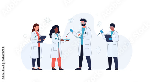 Diverse team of scientists in lab coats conducting research with petri dishes and microscopes, illustrating scientific discovery and laboratory work.