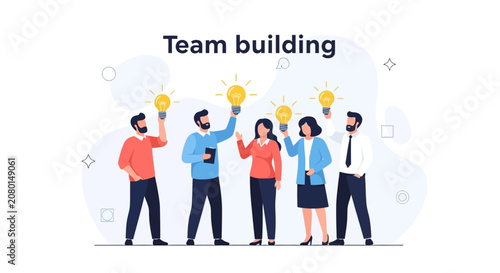 Diverse team of professionals holding glowing light bulbs, symbolizing innovation and collaboration in a modern, flat vector illustration.