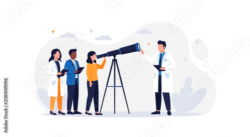 Diverse team of scientists using a telescope for research, discovery, and future vision