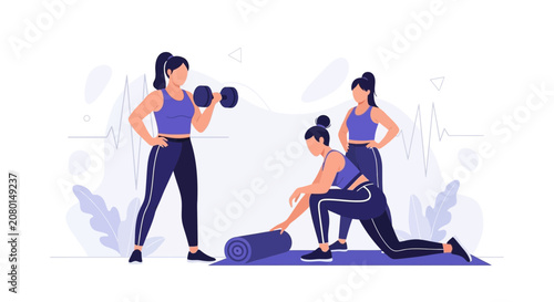 Diverse Women Engaging in Fitness Activities: Weightlifting, Stretching, and Yoga