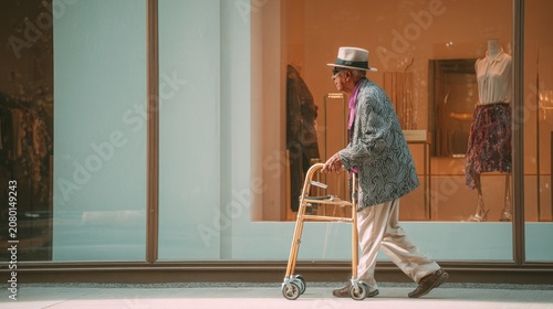 Elderly man using walker, city street