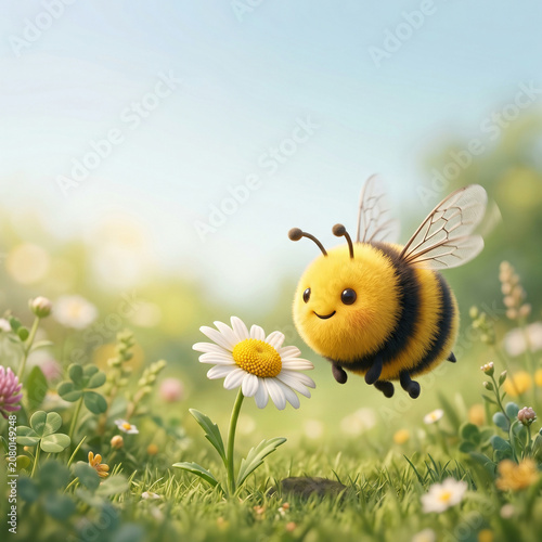 Cute Fluffy Bumblebee Flying Near Daisy Flower in Sunny Meadow