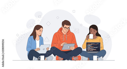 Diverse young adults collaborating on laptops and tablets, representing teamwork, education, and modern technology usage in a flat design style.