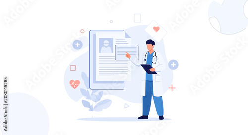 Doctor reviewing digital medical record on tablet, healthcare concept illustration