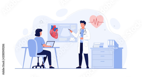Doctor explains cardiology with heart diagram and ECG, modern flat illustration style