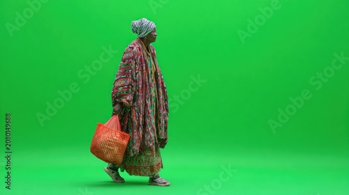 Elderly person walking, colorful clothing, green screen