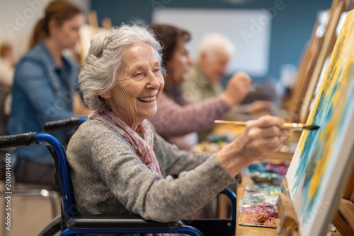 Elderly woman in wheelchair painting