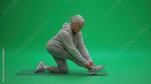 Senior woman stretching on mat