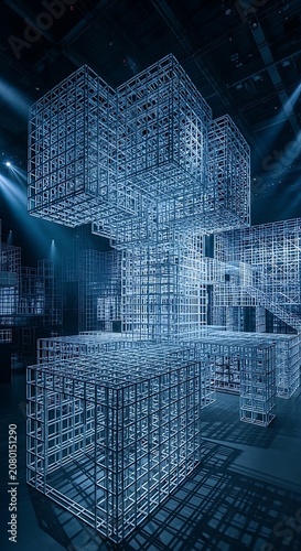 Futuristic wireframe cubes, 3D geometric shapes, metallic grid structures, blue lit architectural models