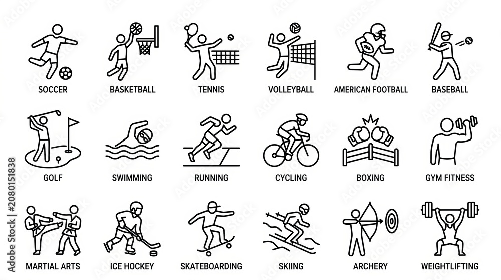 Fototapeta premium Collection of black and white icons representing various sports and fitness activities.