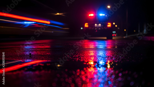 Police car lights reflecting on a rainy wet street at night