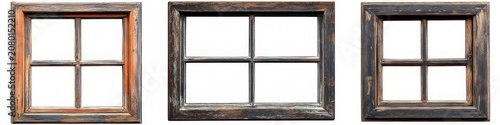 Three weathered wooden window frames with four panes each on a white background, rustic nostalgic mood
