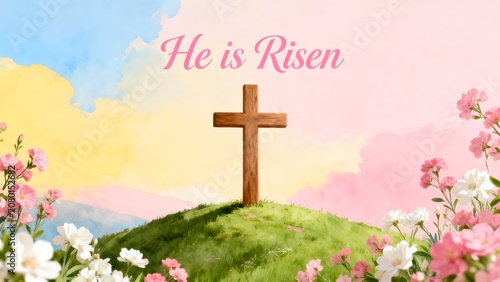 Wooden cross on grassy hill with flowers