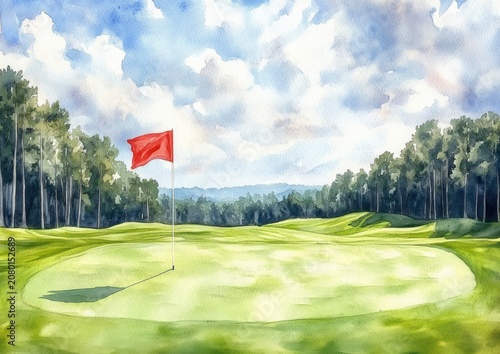 Serene sunlit golf green with a red flag casting a long shadow, rolling fairway and tree-lined horizon under a bright blue sky with fluffy clouds