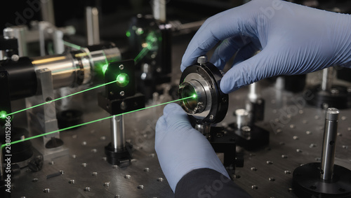 Laser experiment with gloved hands adjusting optical equipment emitting green light in laboratory