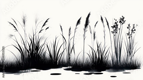 silhouetted marsh grasses and tall reeds over still water with reflective pools, calm minimalist black-and-white wetland scene
