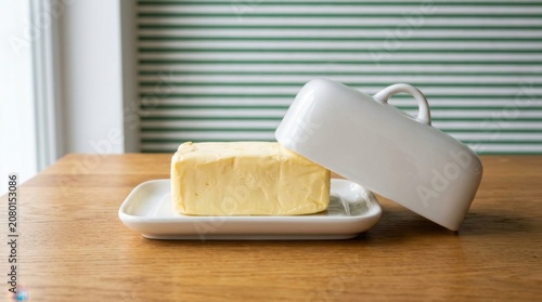 A fresh block of creamy yellow butter resting in a white ceramic butter dish with its lid slightly ajar on a wooden table
