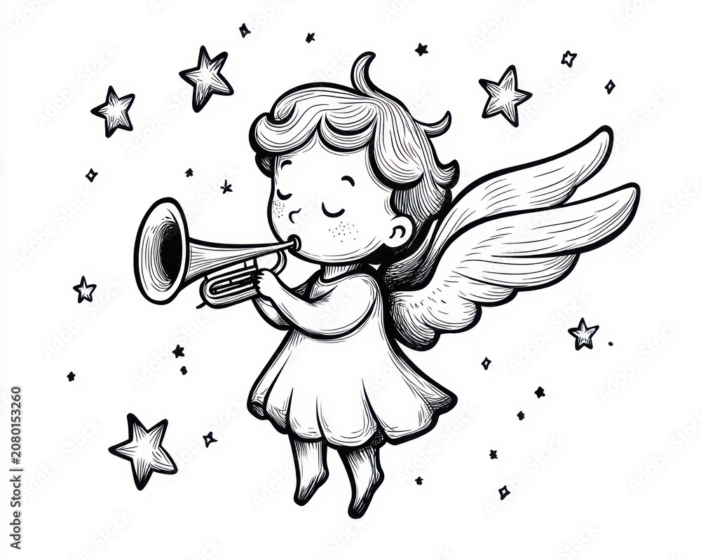 Obraz premium young winged angel child in a simple dress playing a trumpet while floating among stars, peaceful and joyful monochrome line art illustration