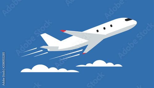 White passenger airplane flying high up in the blue sky above soft white clouds representing travel and aviation.