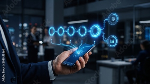 Businessman Holding Smartphone with Holographic Data Workflow and Digital Process Interface in Office
