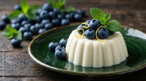 Elegant panna cotta adorned with fresh blueberries and vibrant mint, presented on a dark green plate for a gourmet dessert experience.