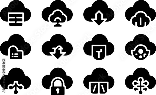 Cloud computing network icons featuring server, storage, secure data transfer, security shield, and global communication technology symbols
