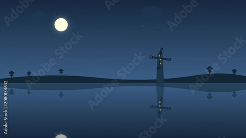 Serene Night Landscape with Moonlit Water and Spinning Windmill Motion