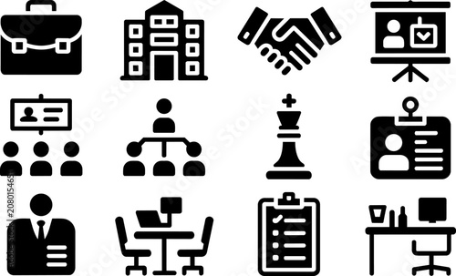 Corporate business icons featuring briefcase, handshake, building, organizational chart, leadership chess king, employee badge, meeting