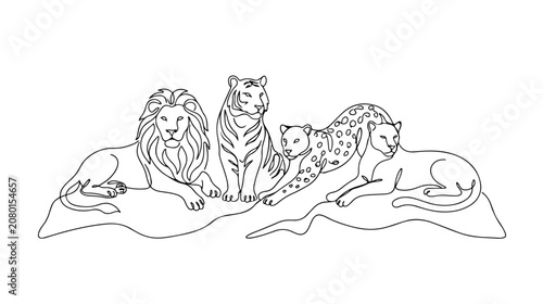 Canvas Print 力強く美しいライオン、トラ、チーター、ヒョウの群れ、野生動物の優雅な姿を描いたモノラインアートベクターイラスト、自然と動物のテーマに最適なグラフィック素材