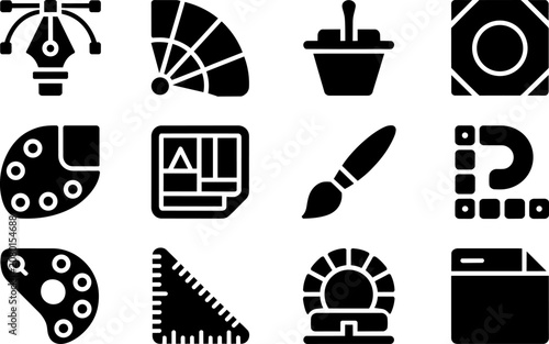 Creative tools and artistic instrument icons, featuring paint palettes, drafting brushes, geometric rulers