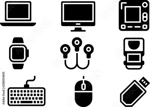 Electronics and computer hardware icons featuring laptop, monitor, smartwatch, keyboard, mouse, flash drive, and miscellaneous devices
