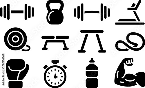 Gym fitness equipment icons featuring barbells, dumbbells, kettlebells, treadmills, weight benches, boxing gloves