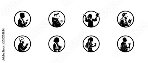 Tableau sur toile Religious leaders and spiritual diversity circle icons featuring priest monk nun rabbi imam and various believers holding sacred items representing different faiths and global belief systems