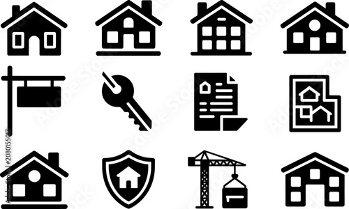 Real estate icons set collection featuring residential house silhouettes, construction crane, property key, building contract, home shield