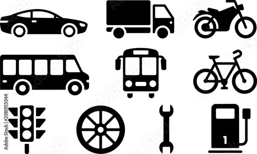 Transportation vehicle icons including car, truck, motorcycle, bus, bicycle, traffic light, wheel, wrench