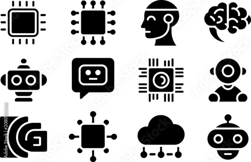 Technology icons set collection featuring computer microchips, humanoid robots, neural brain network and cloud computing system symbols