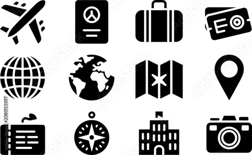 Travel icons set collection featuring airplane, passport, luggage, globe, map, location pin, compass, building, camera