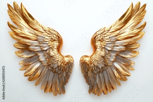 Pair of ornate golden and white feathered wings on a clean white background, majestic, uplifting and elegant