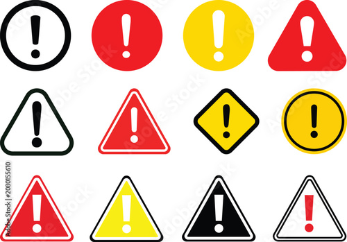 Attention caution sign warning symbol icon set danger Exclamation mark signs Triangular vector illustration.exclamation mark in the triangle shape. Symbol or icon for web site, logo, UI design.