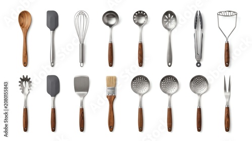 Collection of Professional Stainless Steel Kitchen Utensils with Elegant Wooden Handles for Culinary Preparation and Gourmet Cooking
