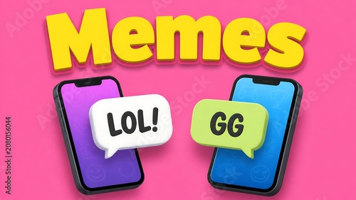 Fun 3D social media concept with smartphones displaying chat bubbles saying LOL and GG on a bright pink background