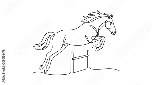 Foto 躍動感あふれる馬の障害飛越、一本の線で描かれたミニマルなデザイン。馬術競技や乗馬クラブのロゴ、スポーツイベントのグラフィック素材に最適なベクターイラスト。
