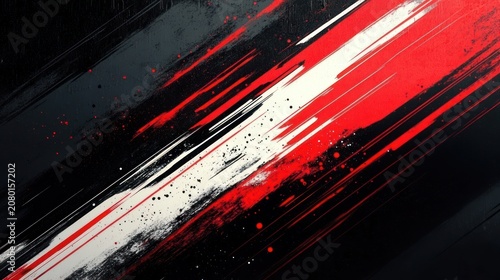 dynamic diagonal red, white, and black paint streaks with splatters conveying intense energetic motion