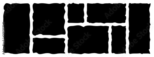 Rectangle frames with uneven shapes. Doodle geometric border collection with wavy rough edges, irregular wiggle edge decorative stickers. Vector isolated set